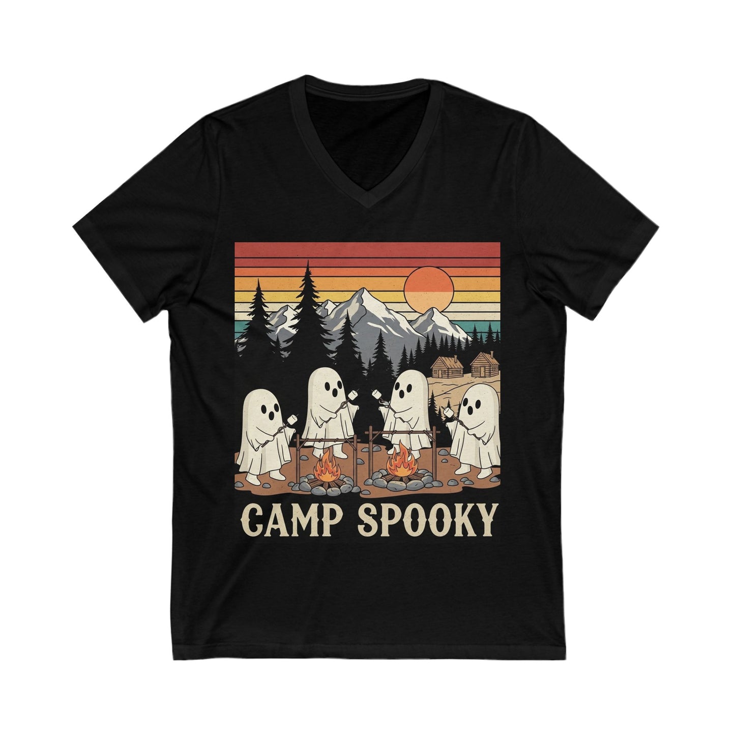 Spooky Campfire V-Neck Tee | Halloween Shirt, Ghost T-Shirt, Fall Fashion, Outdoor Adventure, Camp Spooky