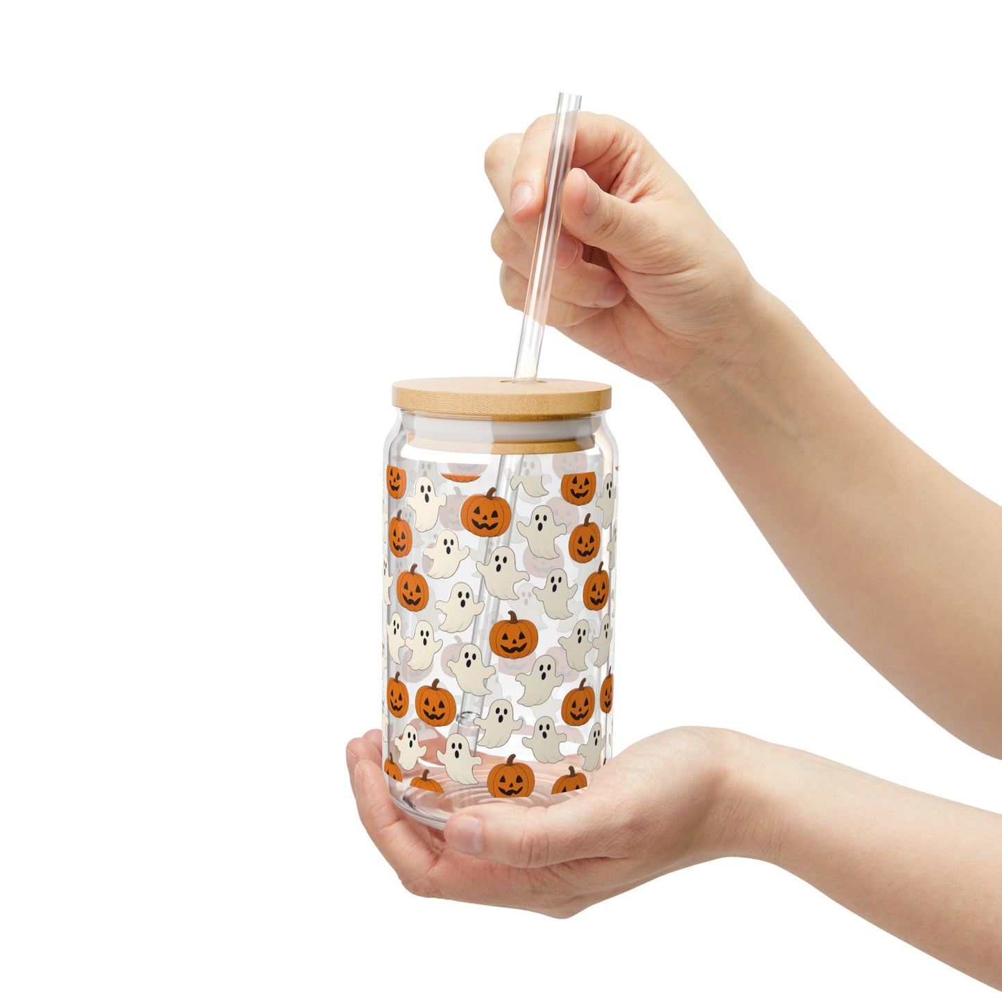 Halloween Themed Sipper Glass | 16oz Ghosts & Pumpkins | Spooky Party Drinkware, Fall Decor, Trick or Treat, Cute Gifts, Eco-Friendly