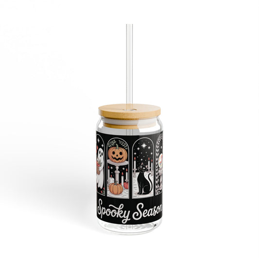 Halloween-Themed Sipper Glass, Spooky Season Drinkware, Fall Party Glass, Eco-Friendly Glass with Straw, Ghost and Pumpkin Design