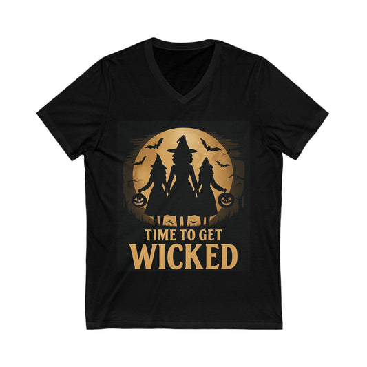Halloween Witch V-Neck Tee, Spooky Shirt, Time to Get Wicked Top, Unisex Halloween Apparel, Witchy Graphic Tee