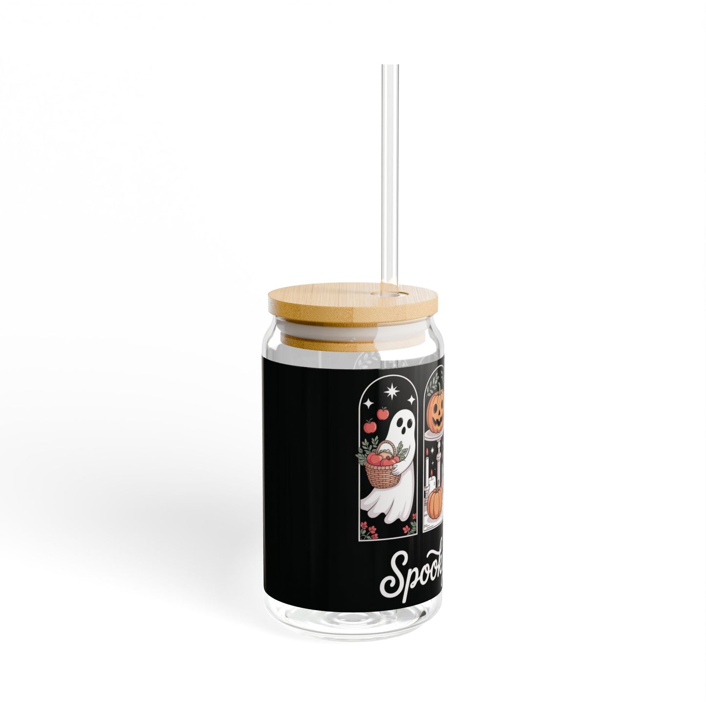 Halloween-Themed Sipper Glass, Spooky Season Drinkware, Fall Party Glass, Eco-Friendly Glass with Straw, Ghost and Pumpkin Design