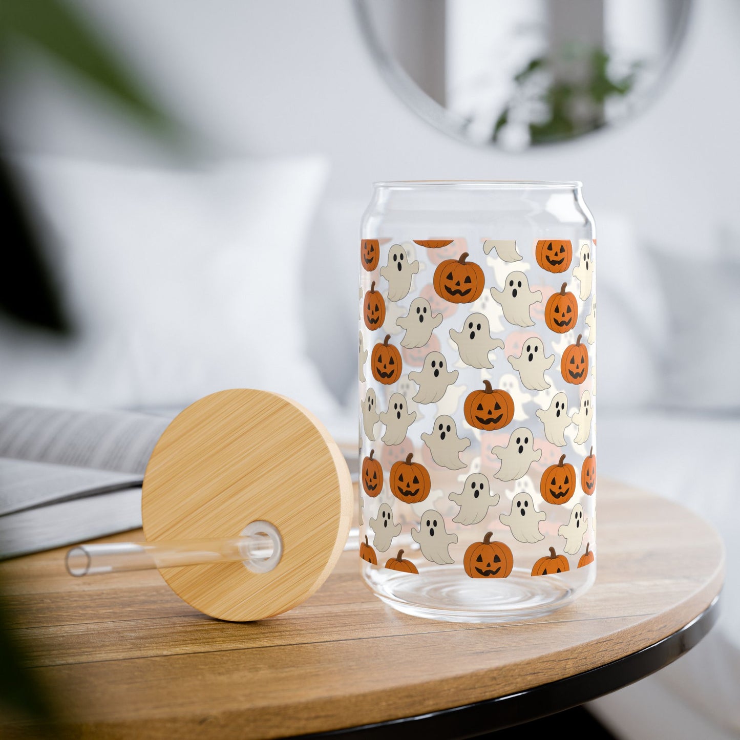 Halloween Themed Sipper Glass | 16oz Ghosts & Pumpkins | Spooky Party Drinkware, Fall Decor, Trick or Treat, Cute Gifts, Eco-Friendly